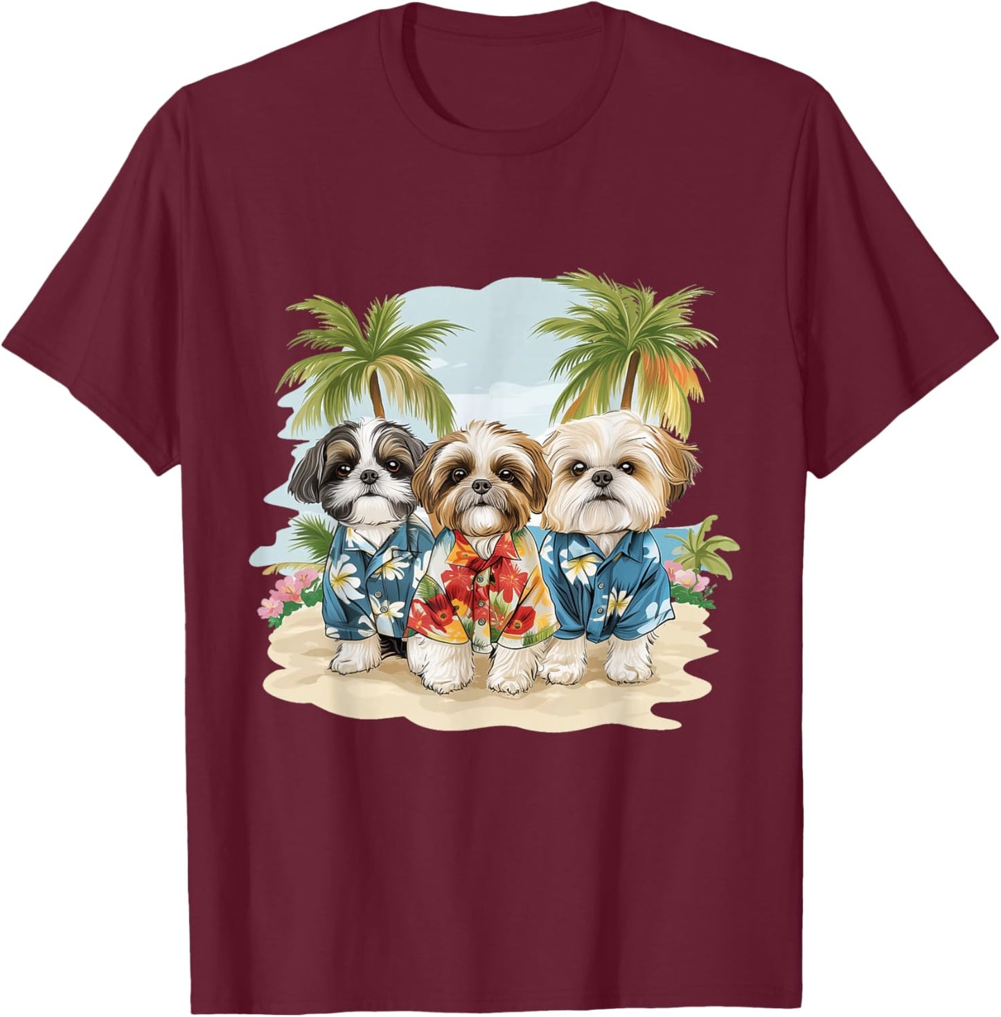 Cute Shih Tzu Dogs Hawaiian Tops Palm Trees Ocean Colorful T-Shirt - T-Shirt | Maroon