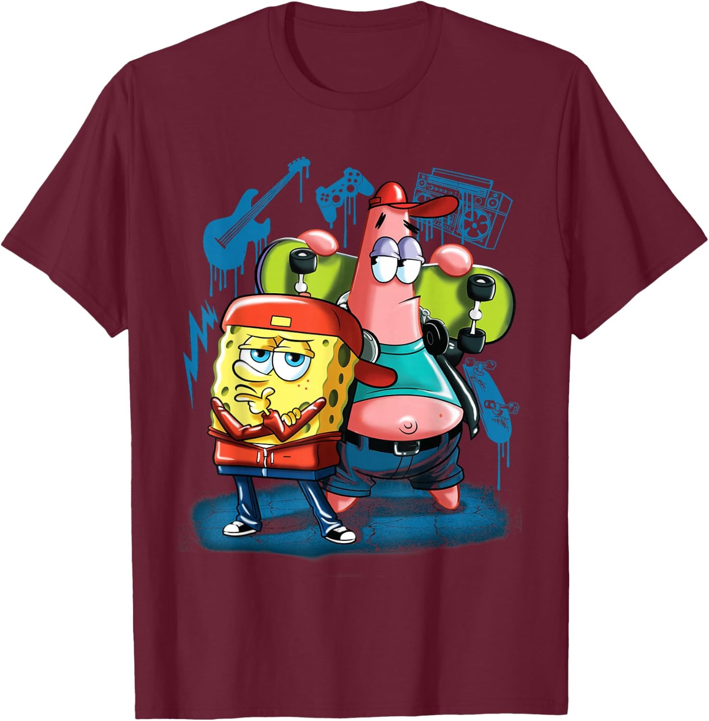 Punk Rock Spongebob With Patrick Star T-Shirt - T-Shirt | Maroon
