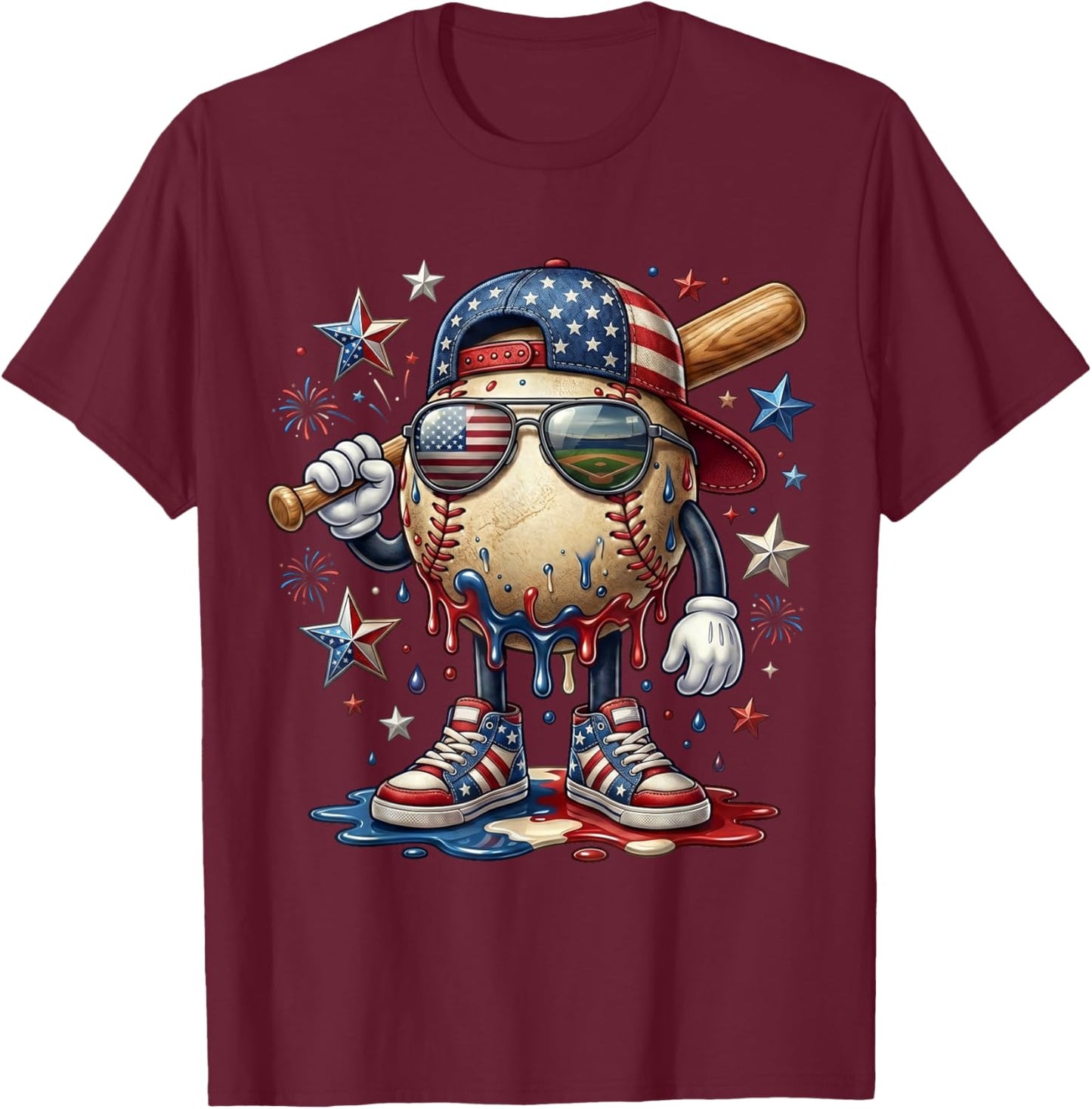 Patriotic Baseball Drip American Flag Cap 4th of July Sports T-Shirt - T-Shirt | Maroon