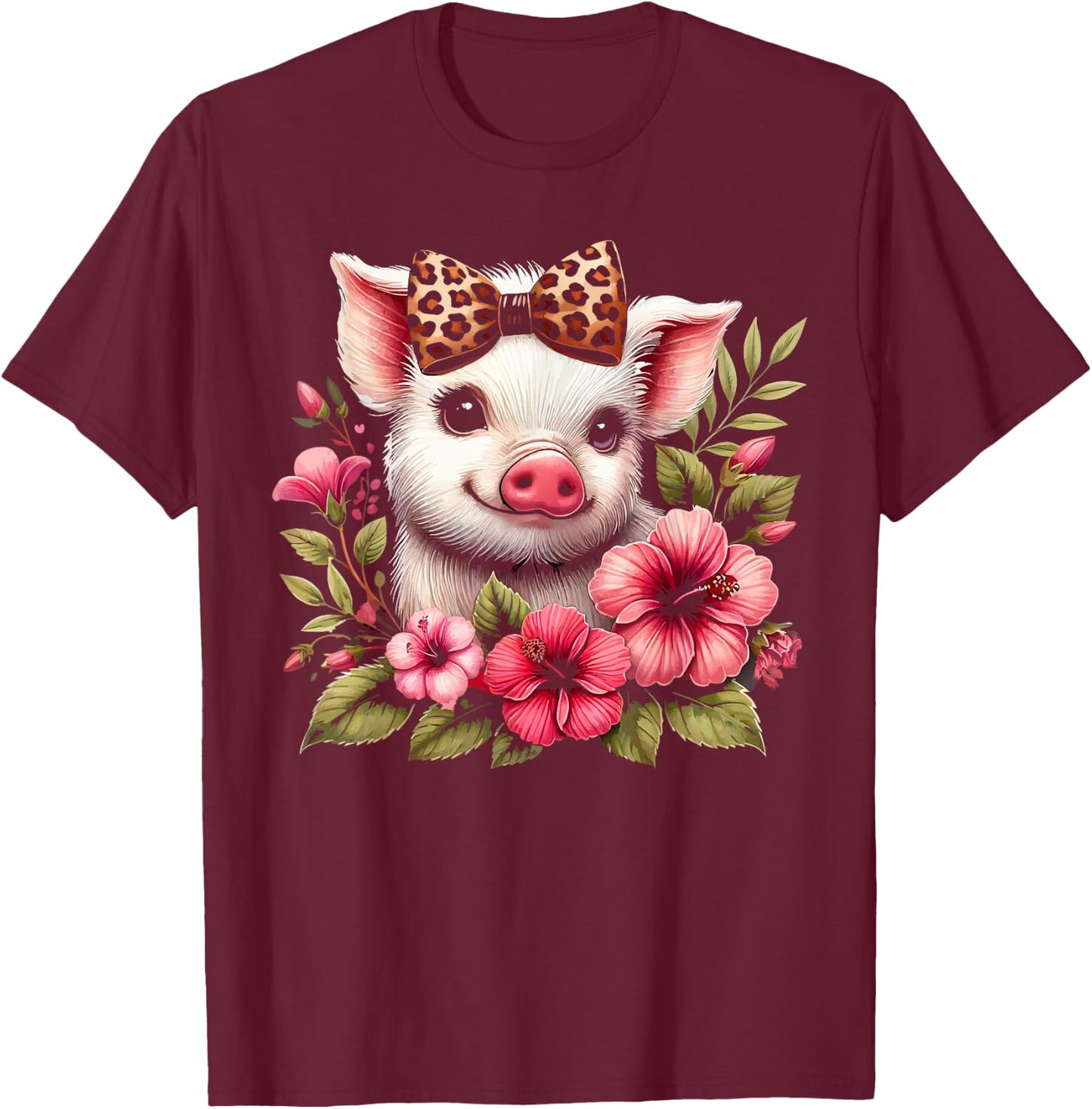 Pig With Leopard Headband Flower Cute Pig Lover T-Shirt - T-Shirt | Maroon