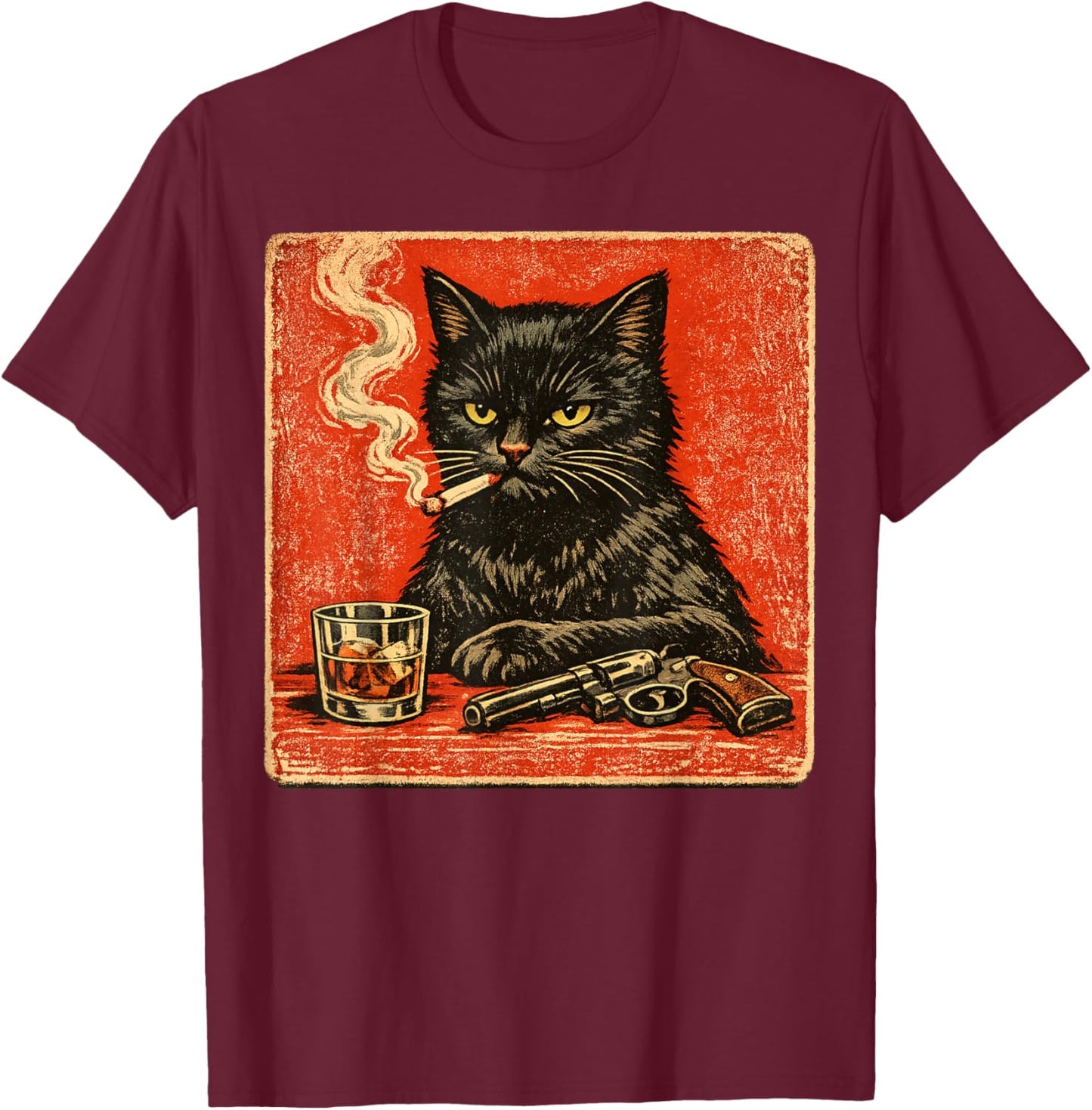 Black cat Smoking Cigarette and Drinking with Gun T-Shirt - T-Shirt | Maroon