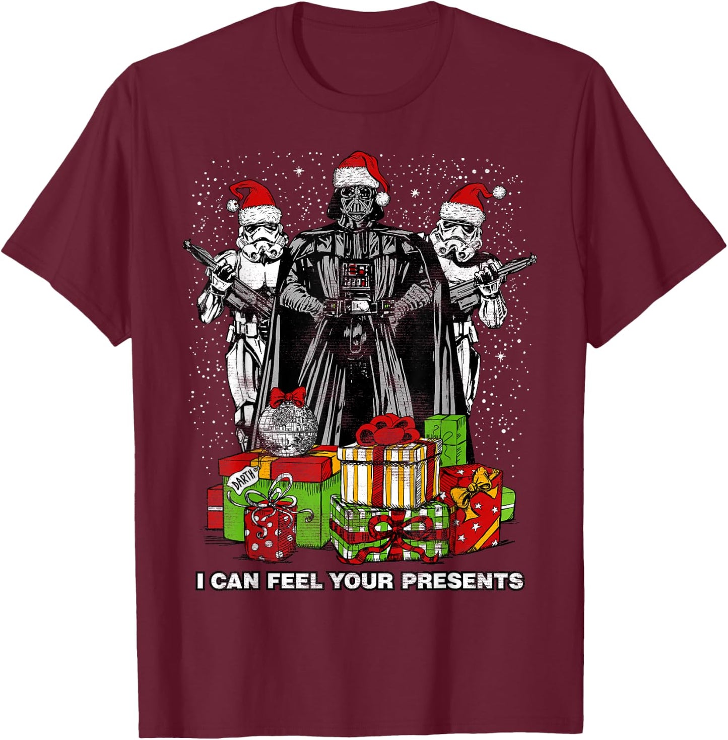 Star Wars Christmas Darth Vader Stormtroopers Feel Presents T-Shirt - T-Shirt | Maroon