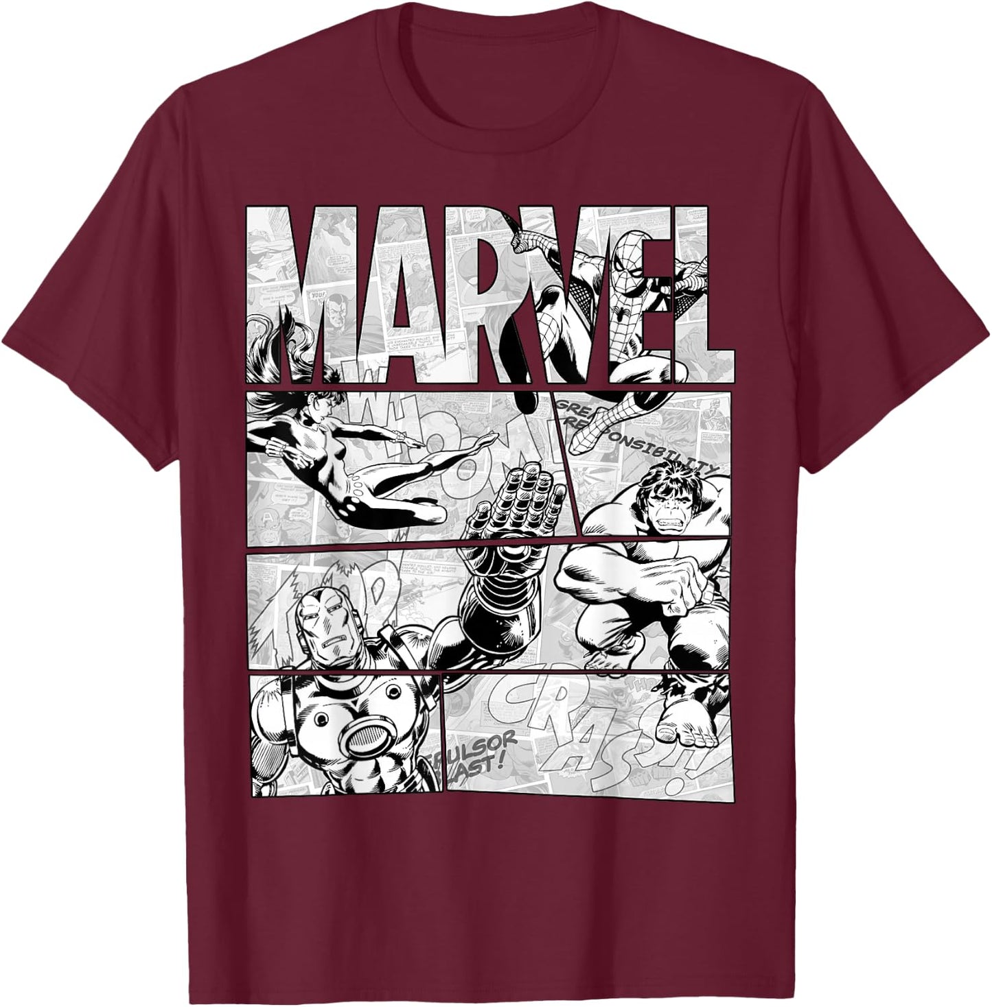 Marvel Avengers Retro Black and White Comic Graphic Short Sleeve T-Shirt - T-Shirt | Maroon