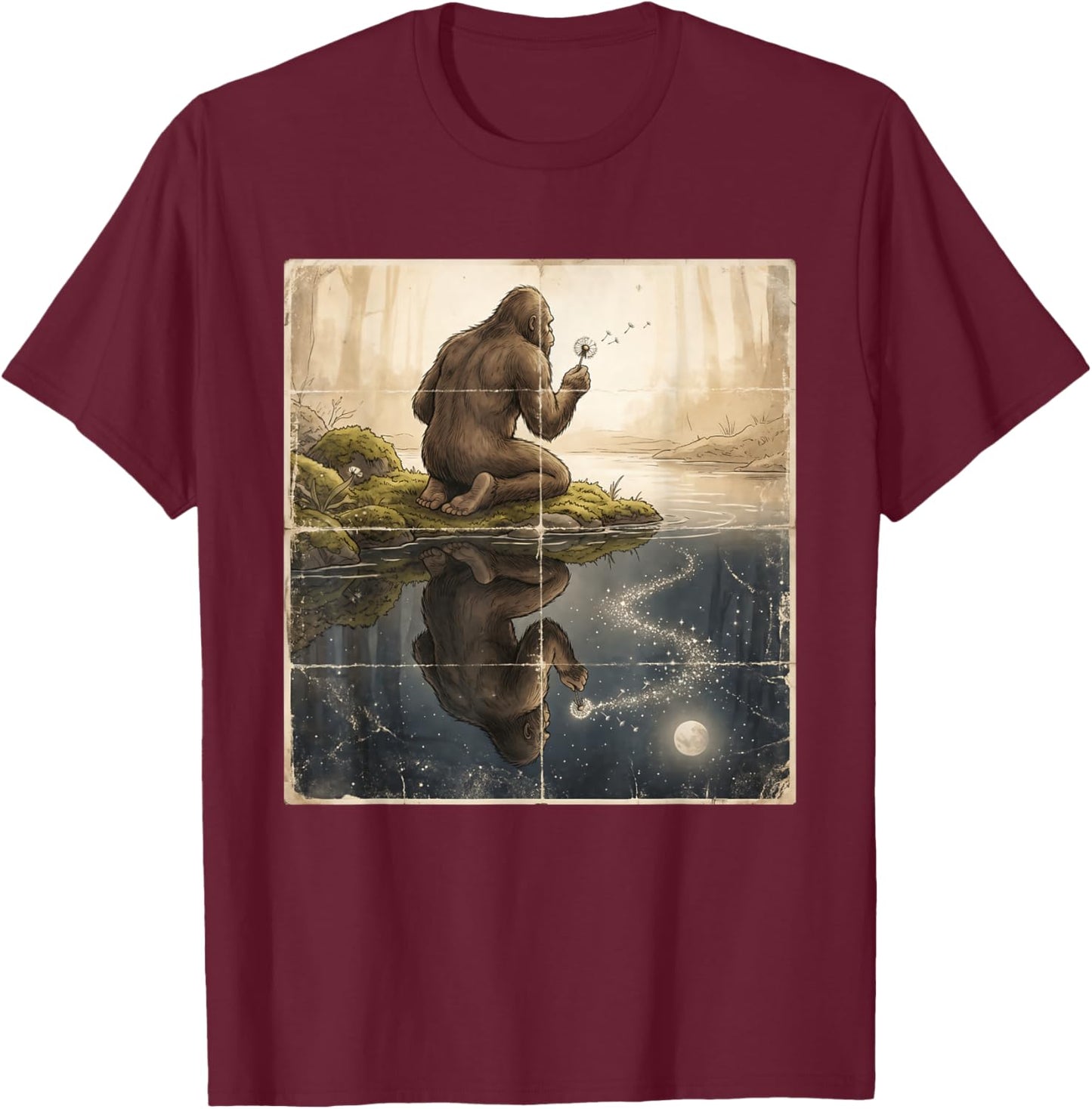 Bigfoot Blowing Dandelion Vintage Sasquatch Yeti T-Shirt - T-Shirt | Maroon