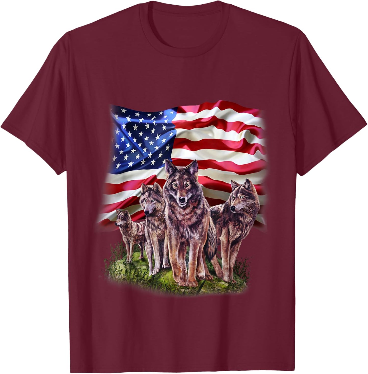 Patriotic USA Wolves Pack, North America Wolf T-Shirt - T-Shirt | Maroon