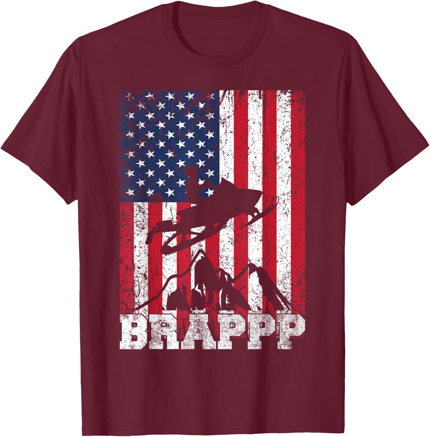USA American Flag Snowmobiling Brap Snowmobile Rider Winter T-Shirt - T-Shirt | Maroon