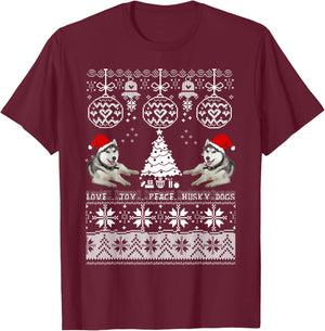 Cute Husky Christmas Sweater Shirt-Love Joy Peace Husky Dogs T-Shirt - T-Shirt | Maroon
