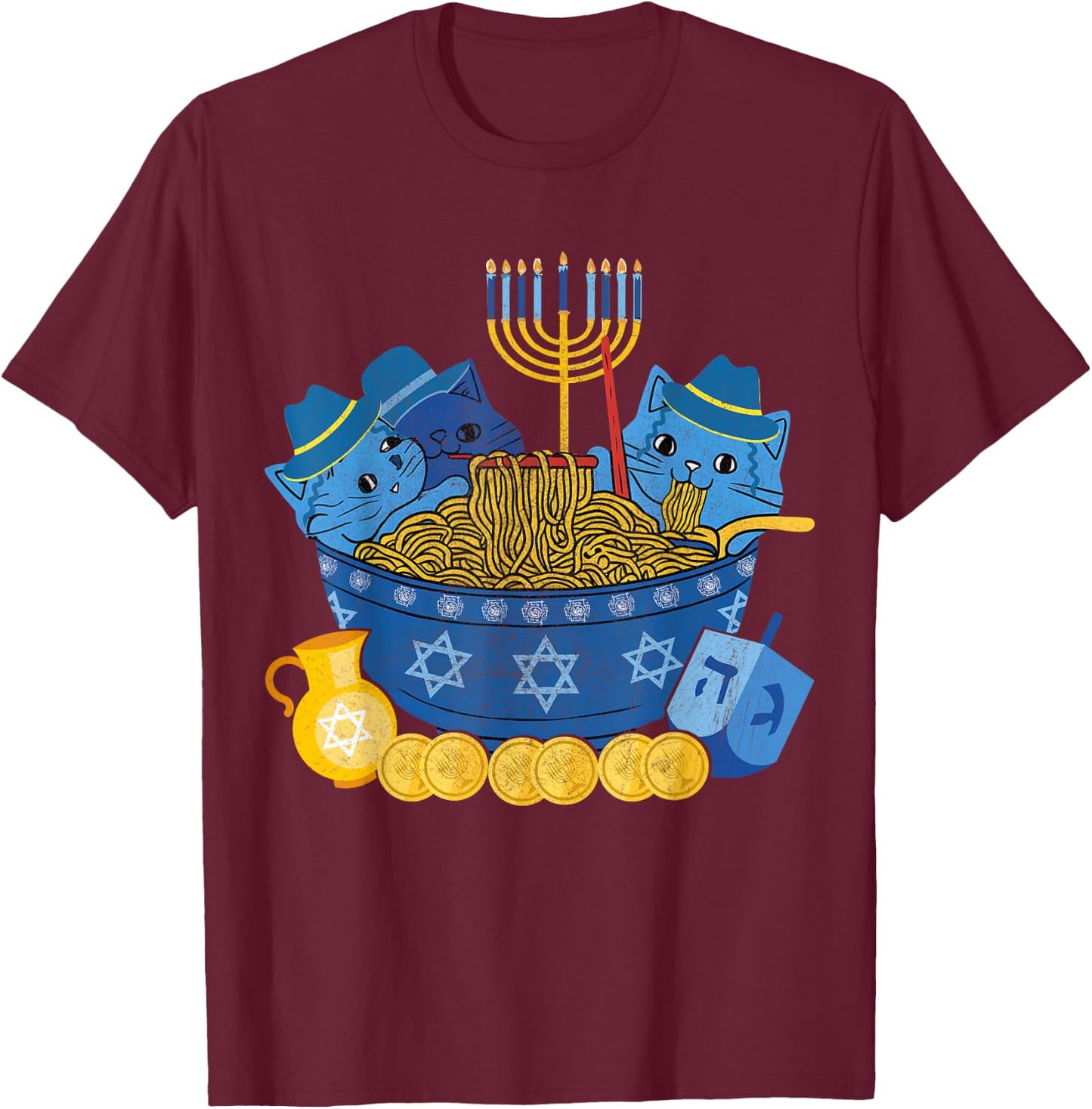 Jewish Cats Ramen Kitten Anime Hanukkah Pajamas Chanukah T-Shirt - T-Shirt | Maroon