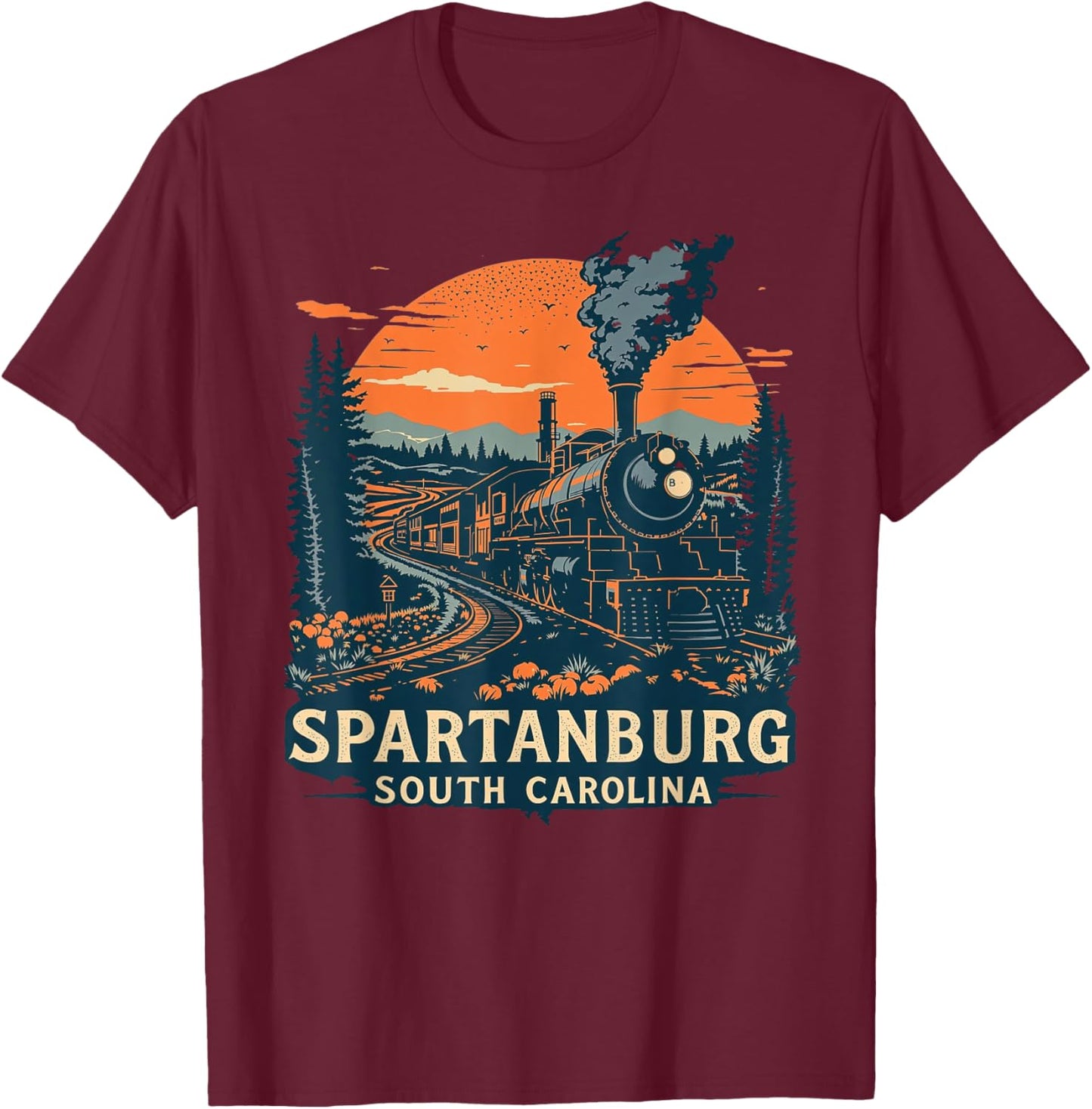 Vintage Spartanburg South Carolina Sunset Nature Cityscape T-Shirt - T-Shirt | Maroon
