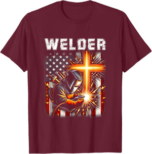 Welder American Flag Welding Faith Cross Christian Religious T-Shirt - T-Shirt | Maroon