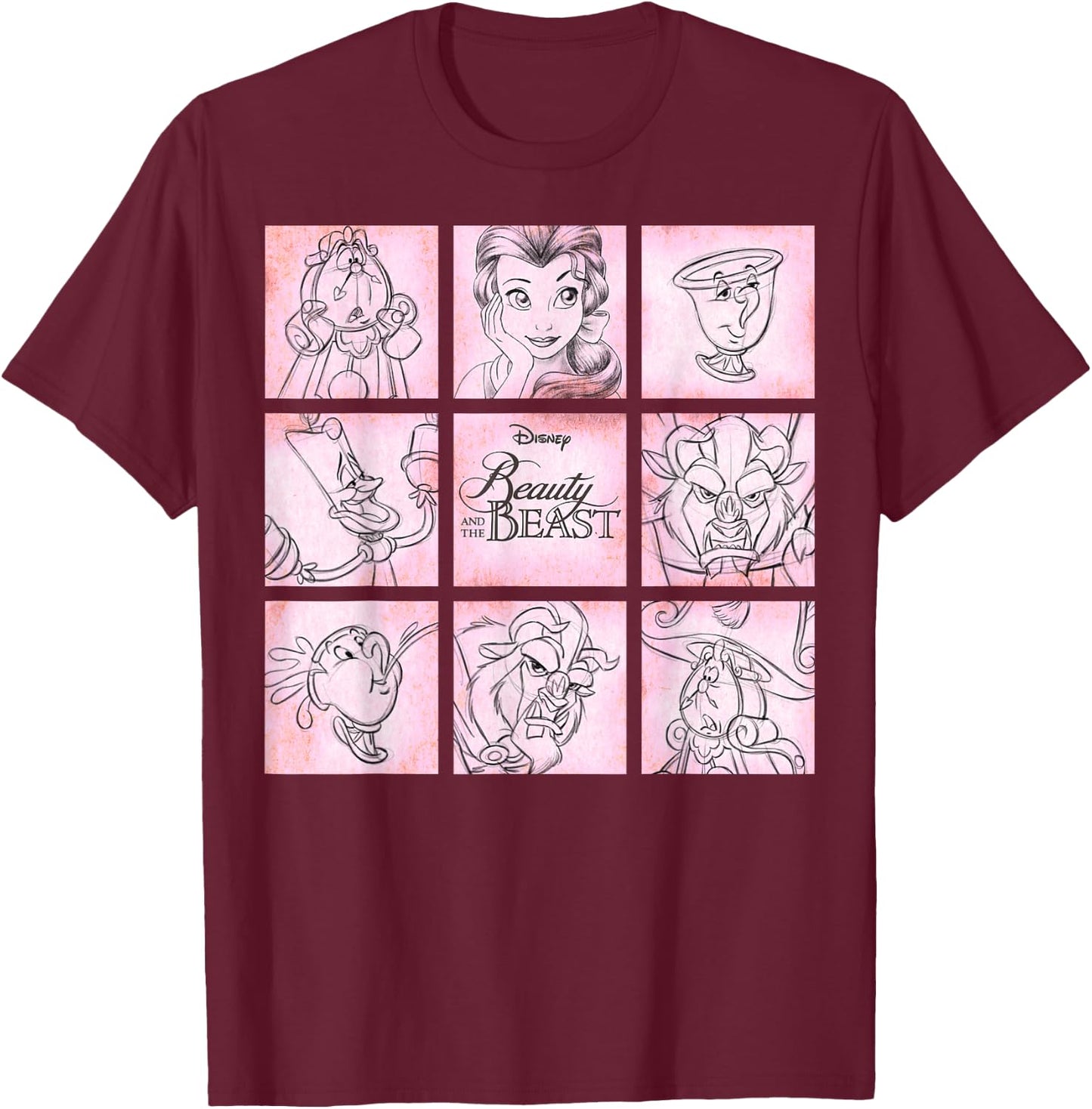 Disney Beauty and the Beast Panel Sketch Graphic T-Shirt - T-Shirt | Maroon
