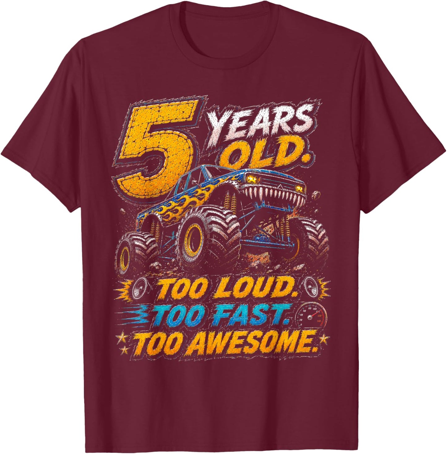 Monster Truck 5th Birthday Shirt 5 Year Old 5th Birthday Boy T-Shirt - T-Shirt | Maroon