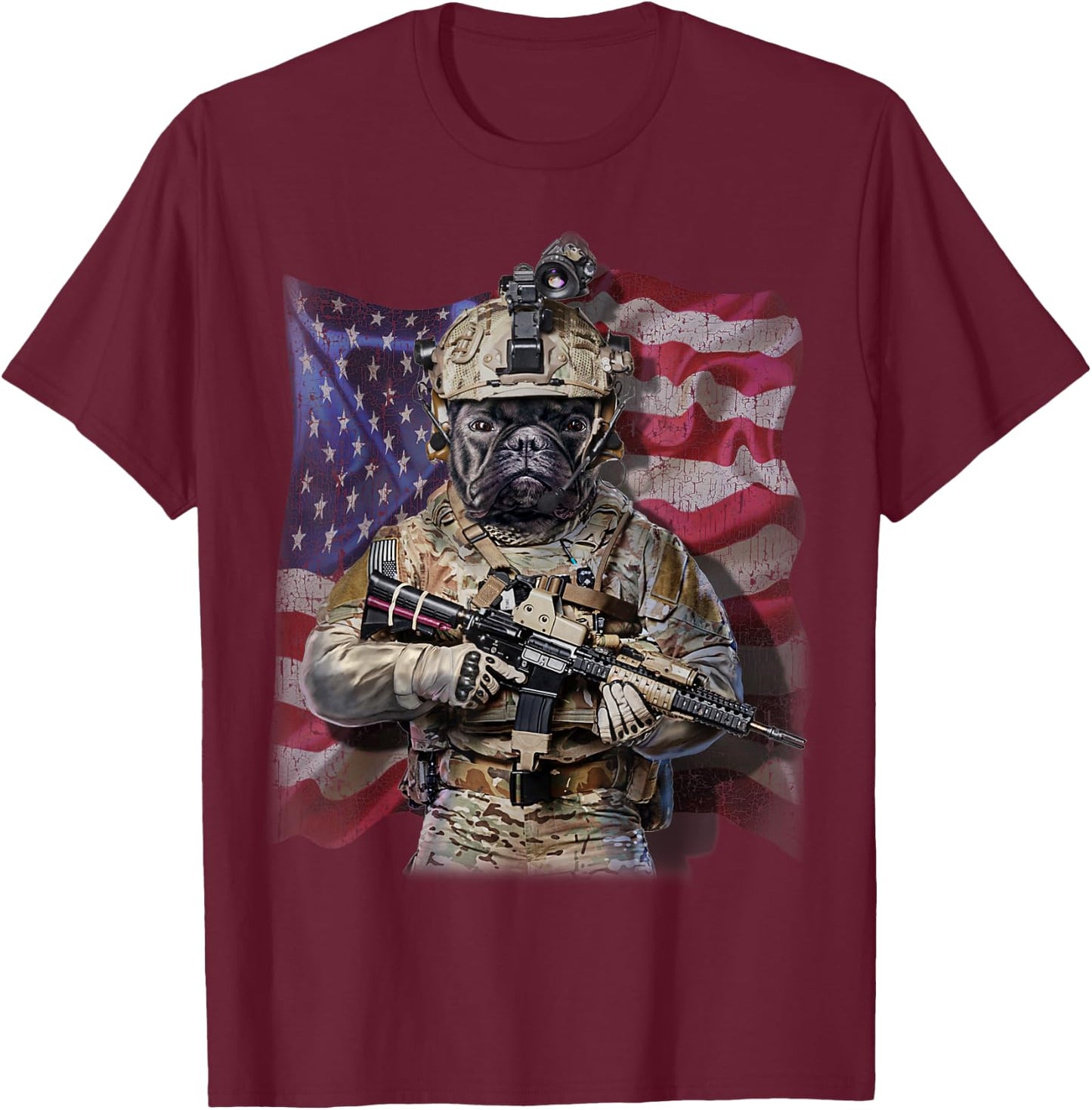 USA America Patriot French Bull Dog as Army Commando T-Shirt - T-Shirt | Maroon