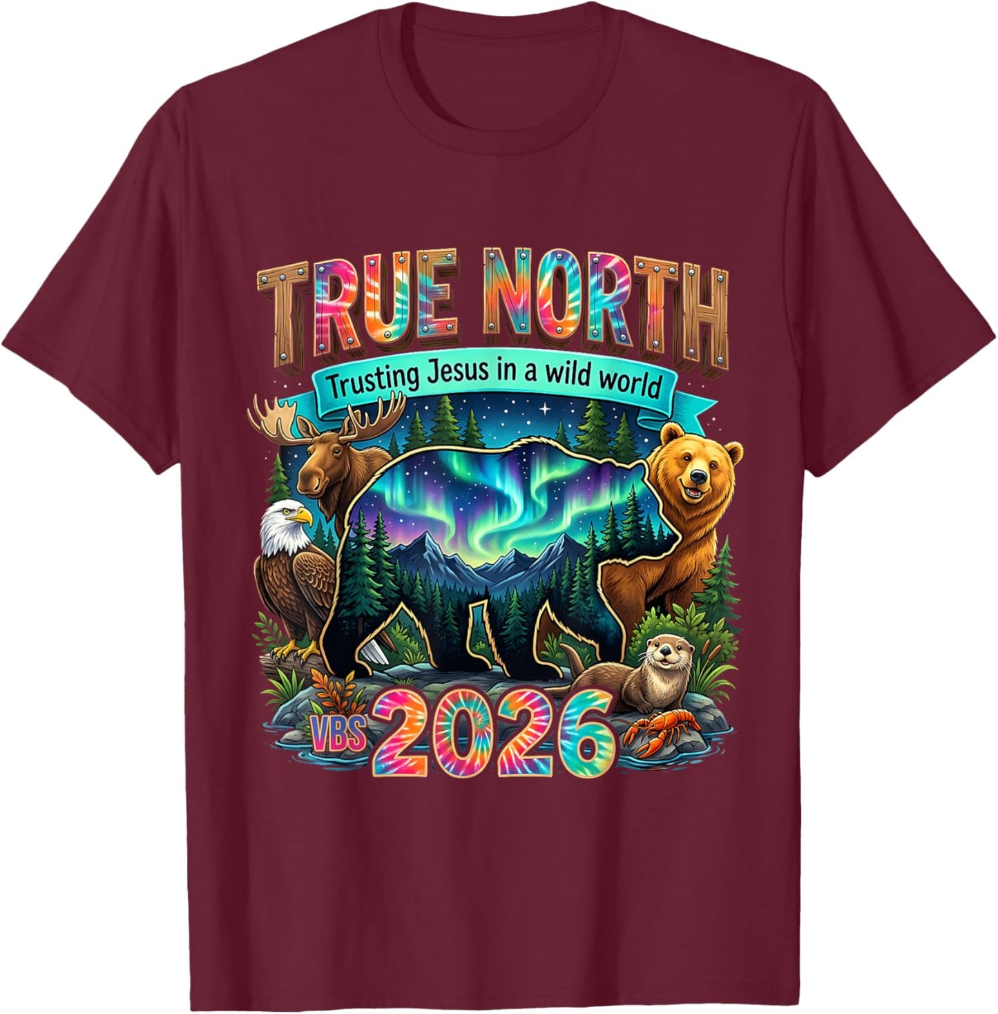 Retro True North Trusting Jesus in A Wild World VBS 2026 T-Shirt - T-Shirt | Maroon