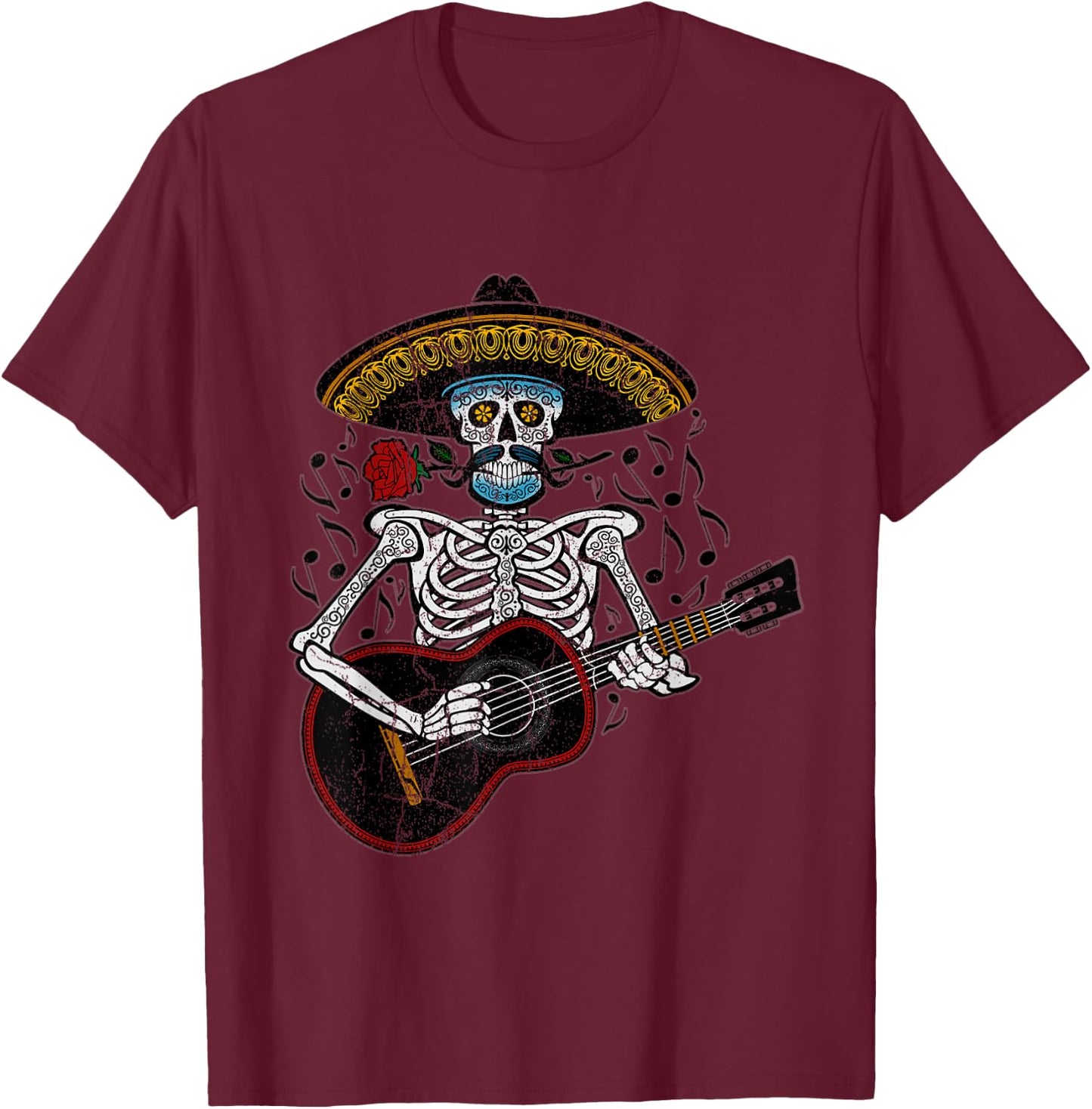 Mariachi Skeleton Playing Guitar Day of The Dead T-Shirt - T-Shirt | Maroon