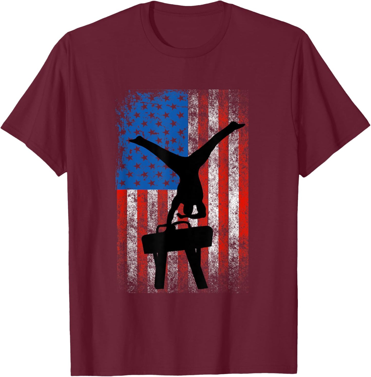 Boys Gymnastics Patriotic US Flag Pommel Horse Male Gymnast T-Shirt - T-Shirt | Maroon