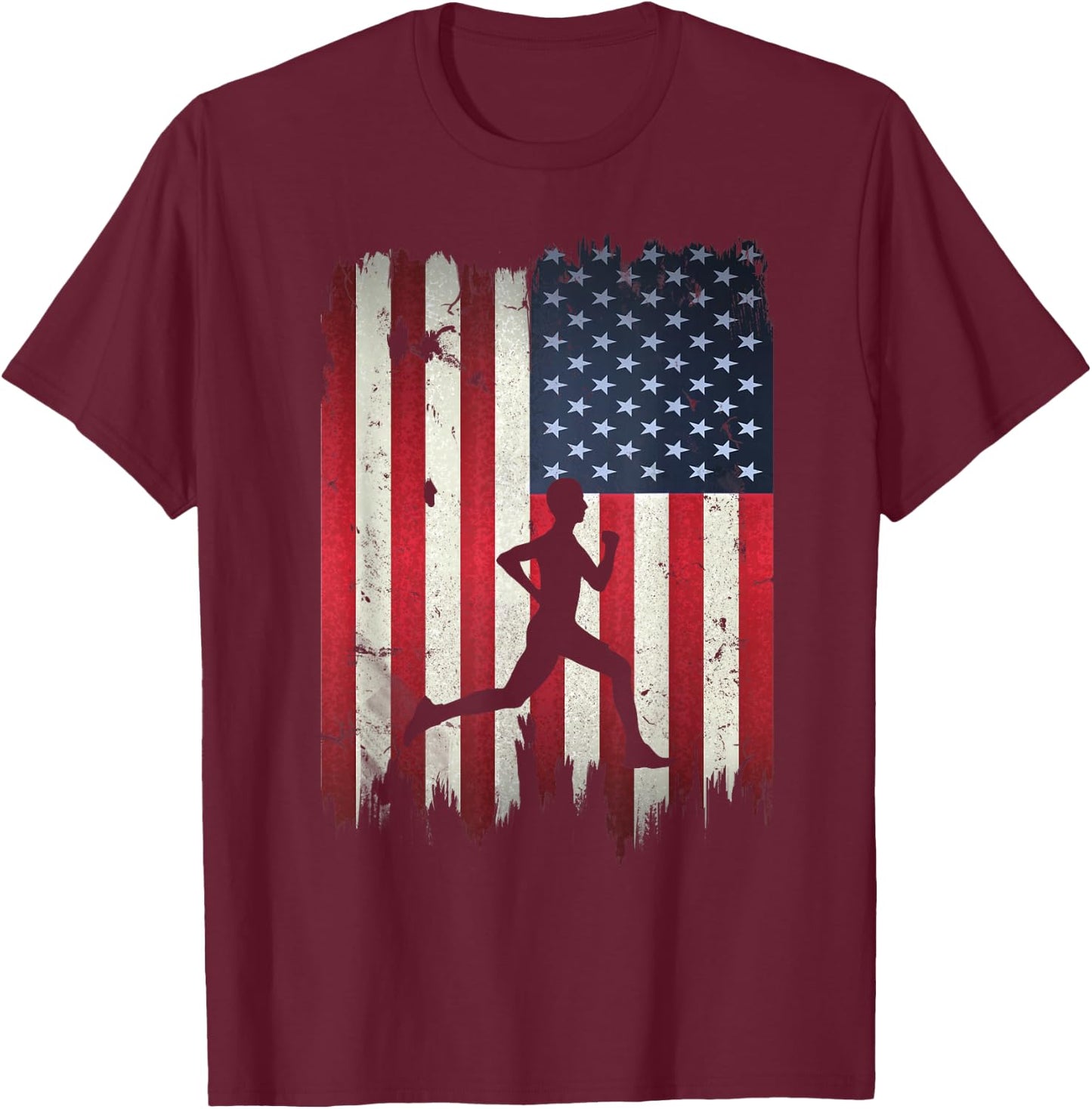 Runner Running USA American Flag 4th of July T-Shirt - T-Shirt | Maroon