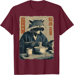 Funny Raccoon Eat Ramen and Scroll Phone Japanese Art T-Shirt - T-Shirt | Maroon
