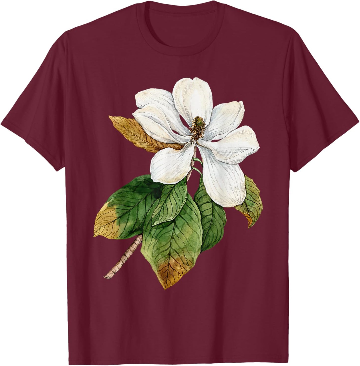 Vintage Magnolia Flower Botanical Illustration Plant Lover T-Shirt - T-Shirt | Maroon