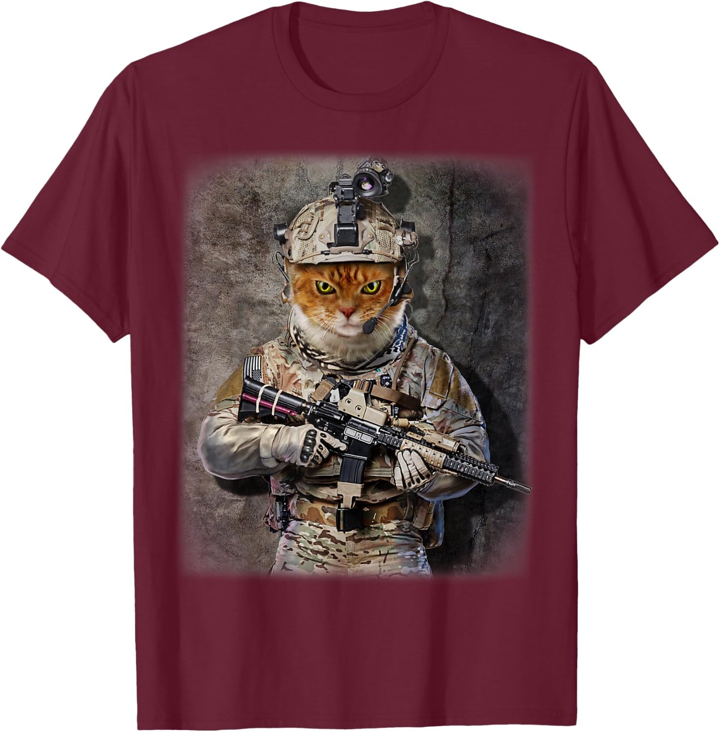 Tabby Cat as Army Commando in Full Tactical Gear T-Shirt - T-Shirt | Maroon
