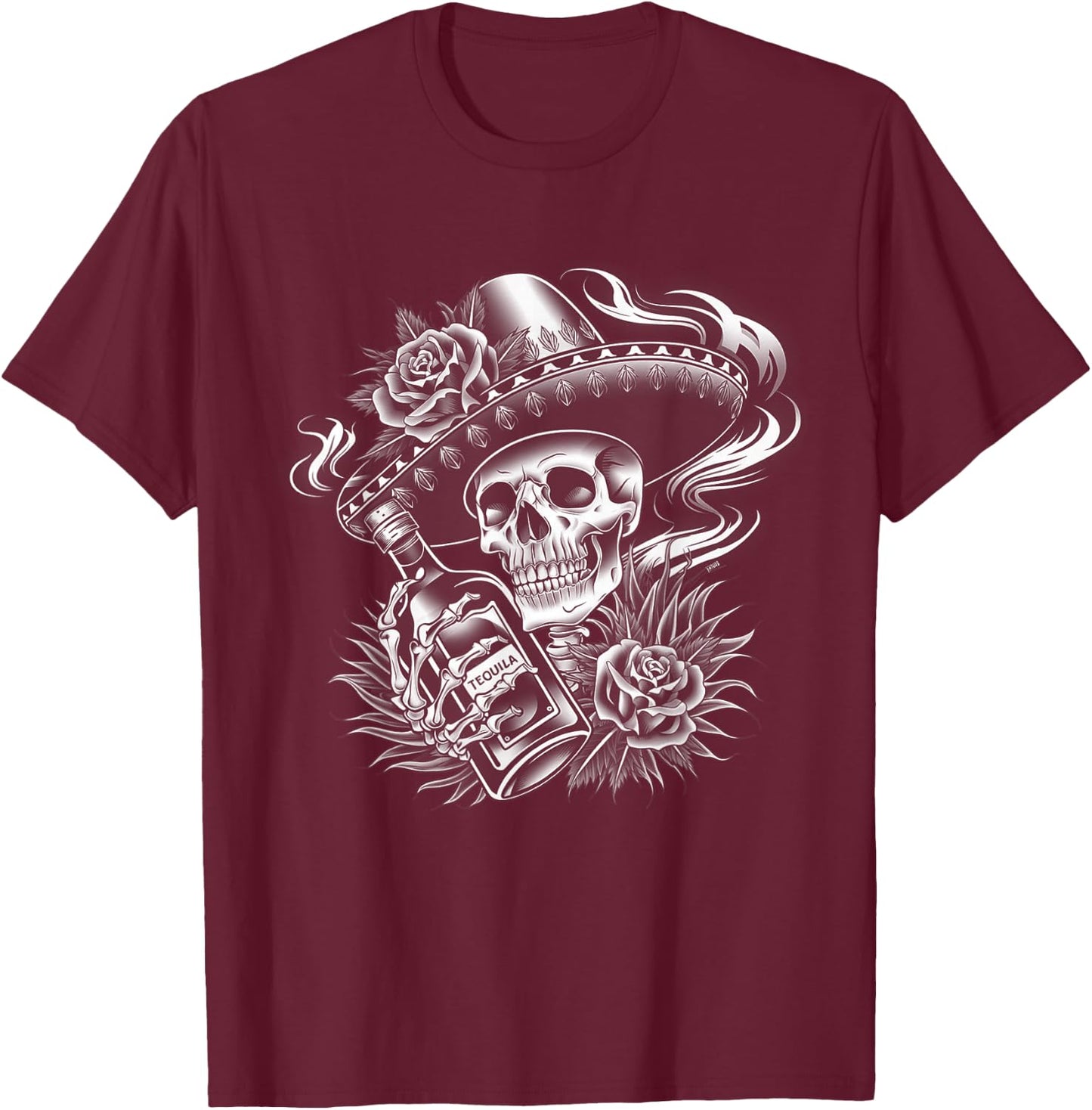 Mexico Vintage Skeleton Tequila Dia De Los Muertos Mexican T-Shirt - T-Shirt | Maroon