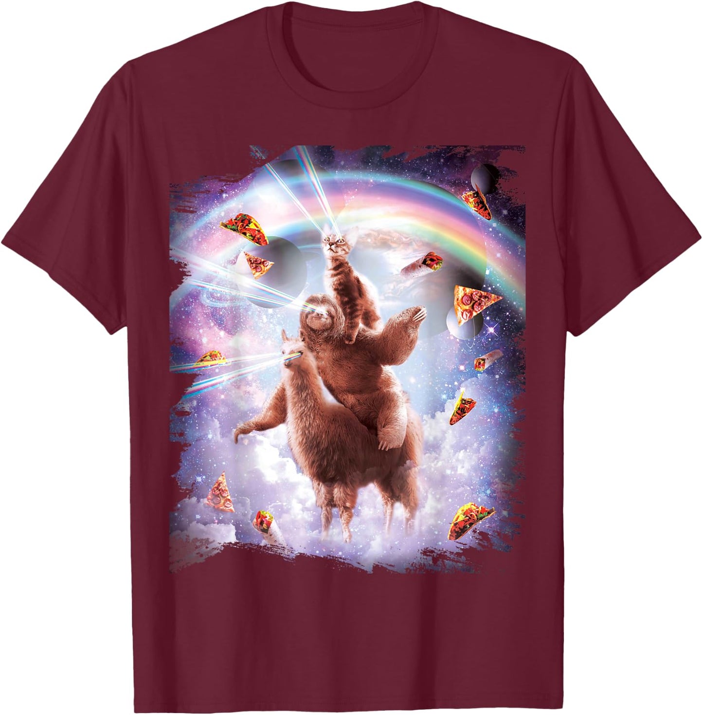 Laser Eyes Space Cat Riding Sloth Llama - Rainbow T-Shirt - T-Shirt | Maroon
