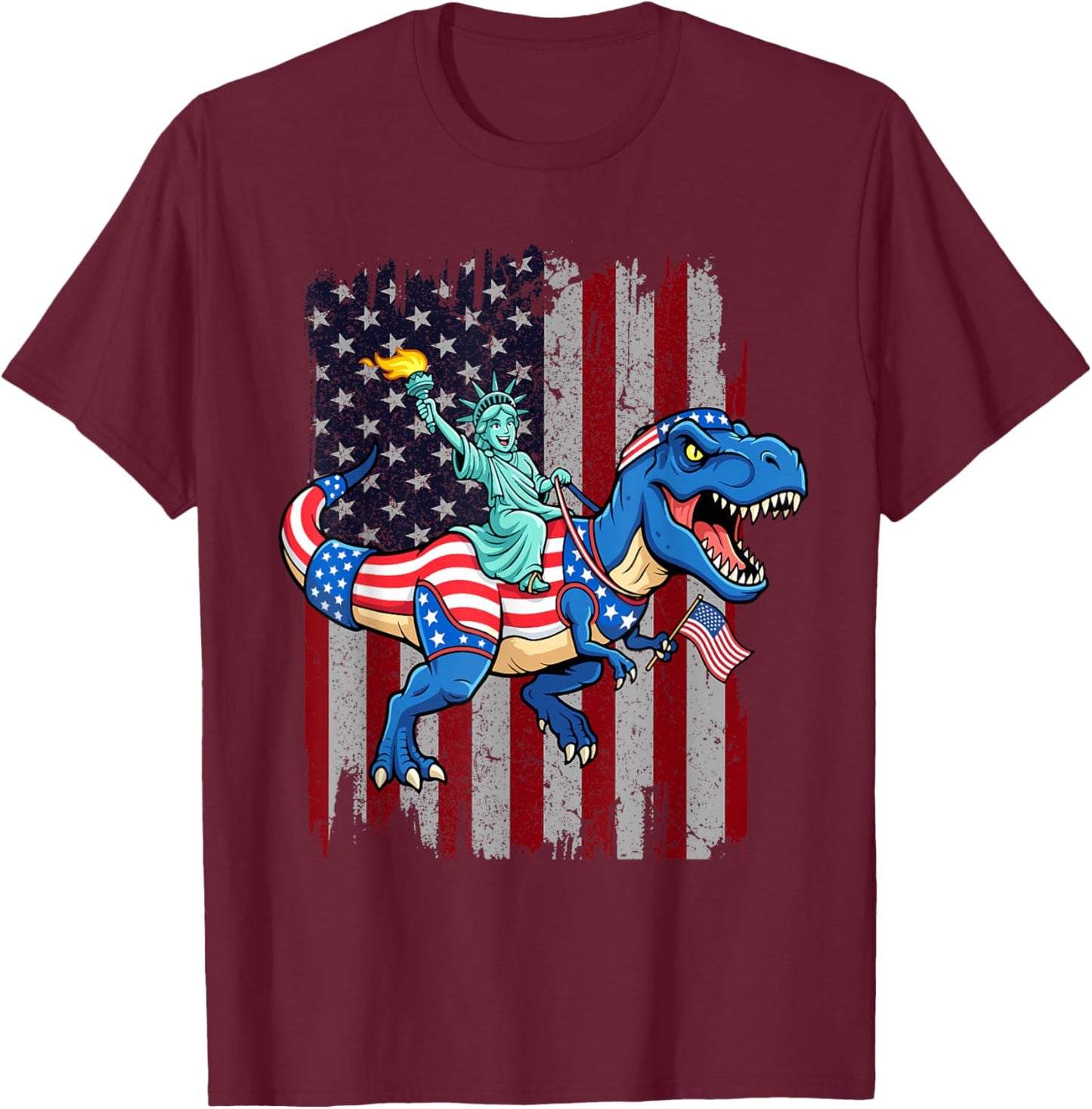 Dinosaur Statue of Liberty 4th of July American Flag Boys T-Shirt - T-Shirt | Maroon