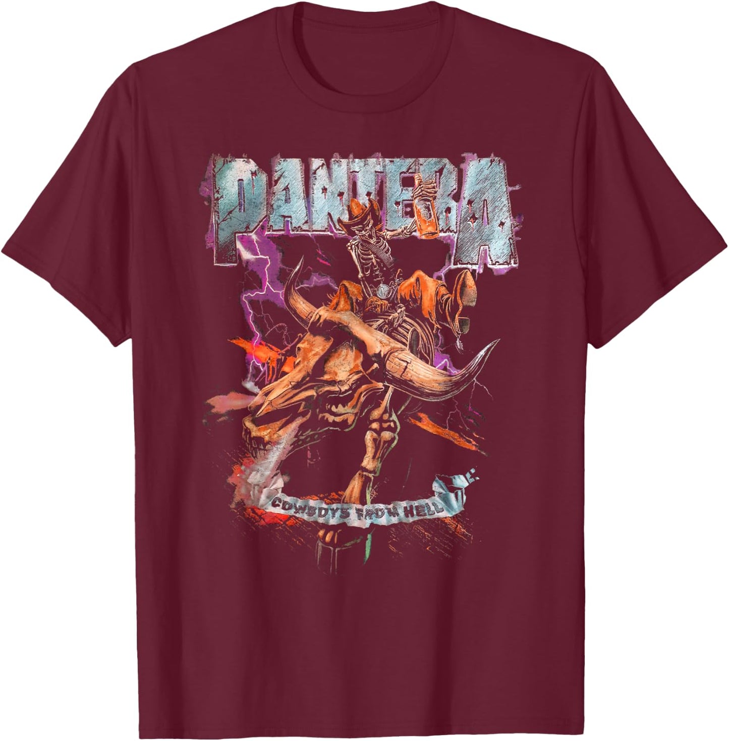 Pantera Official Cowboys From Hell Riding Skeleton Short Sleeve T-Shirt - T-Shirt | Maroon