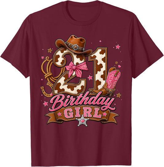 21st Birthday Girl Pink 21 Years Old Cowgirl Western Rodeo T-Shirt - T-Shirt | Maroon