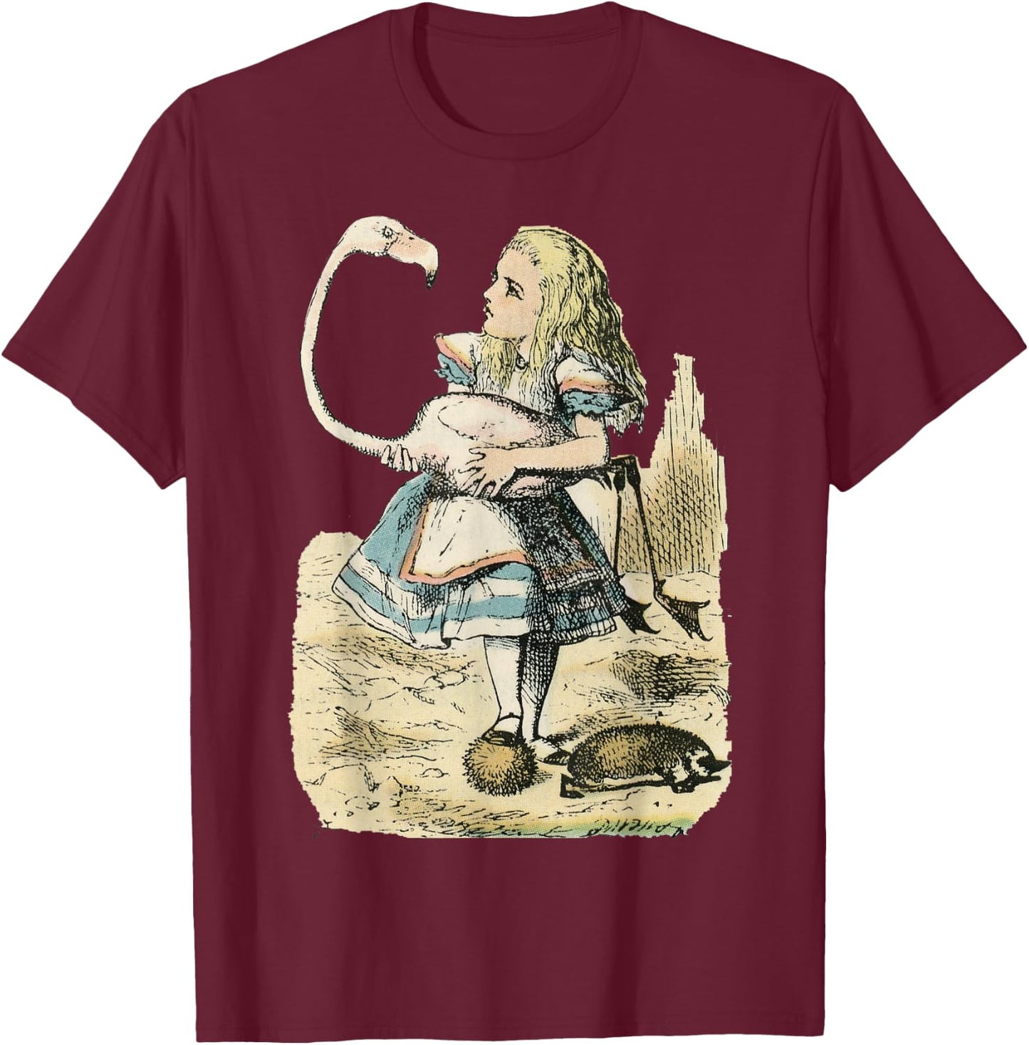 Vintage Alice in Wonderland Flamingo Croquet Illus. T-Shirt - T-Shirt | Maroon