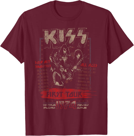 KISS Classic Fit First Tour - Black, Short Sleeve, Cotton & Polyester Blend T-Shirt - T-Shirt | Maroon