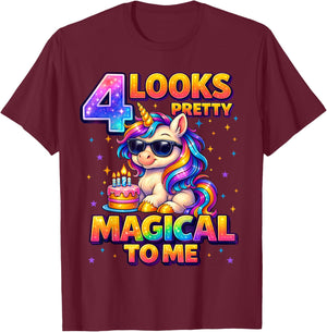 4 Looks Pretty Magical to Me Shirt Unicorn 4th Birthday Girl T-Shirt - T-Shirt | Maroon