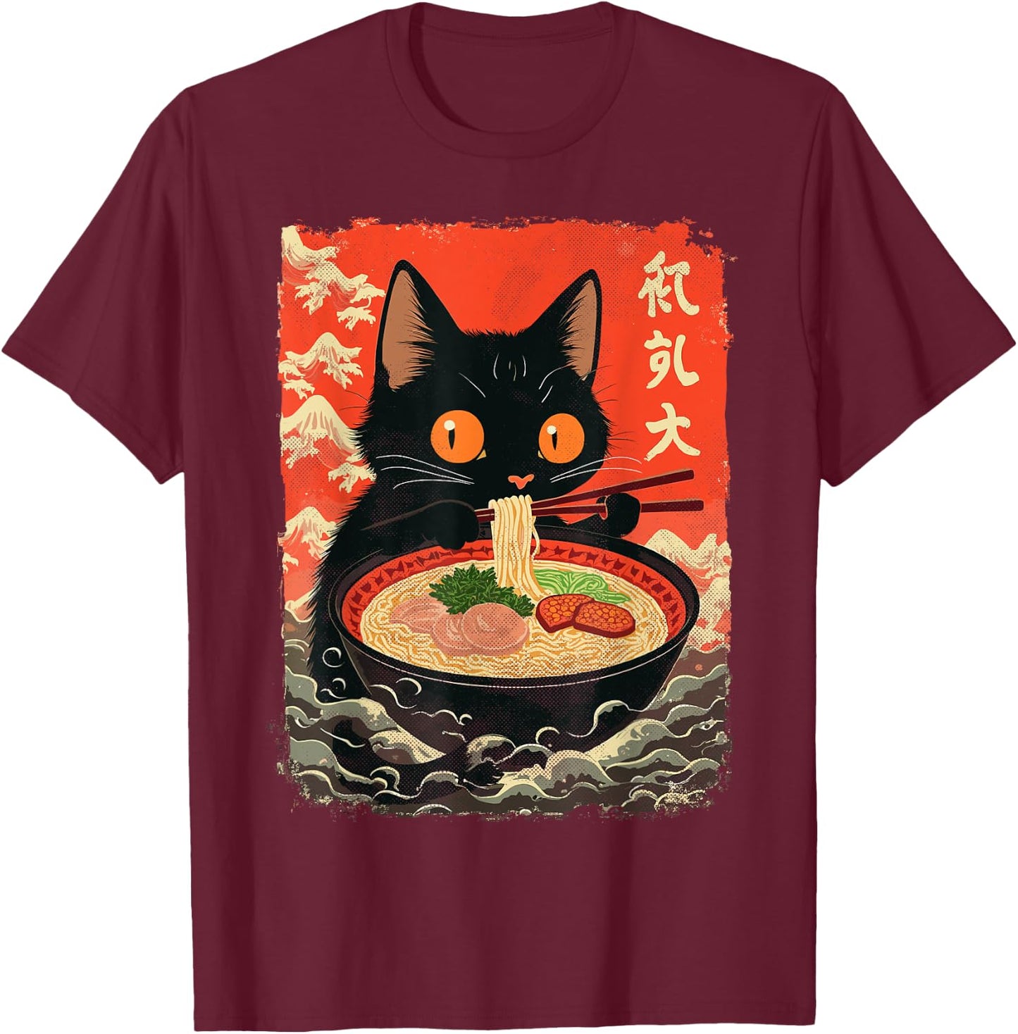 Neko Cat Eating Ramen Anime Kawaii Japanese Noodle Graphic T-Shirt - T-Shirt | Maroon