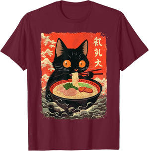 Neko Cat Eating Ramen Anime Kawaii Japanese Noodle Graphic T-Shirt - T-Shirt | Maroon