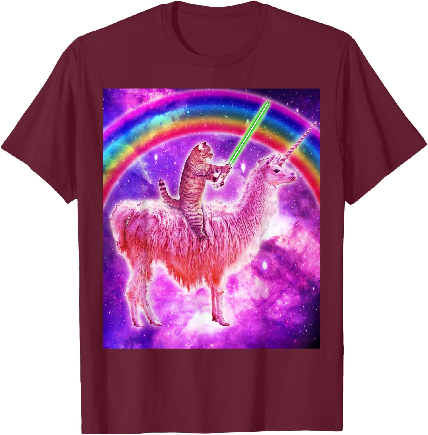 Kitty Cat Riding Llama Unicorn Rainbow In Space Cat Lover Men Women Girls Kids T-Shirt - T-Shirt | Maroon