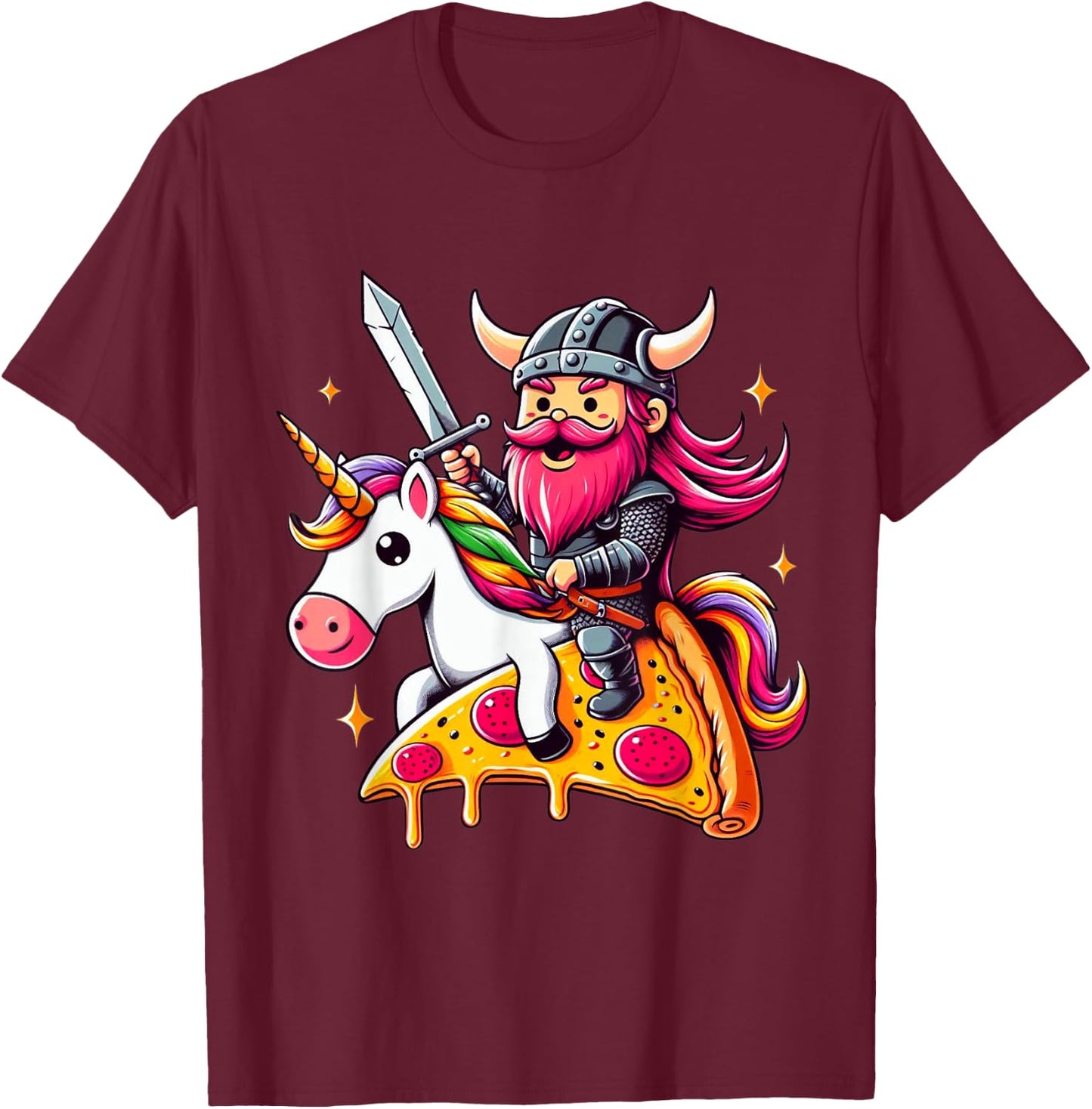 Viking And Unicorn On Pizza Boys Girls Men Women Kids Adults T-Shirt - T-Shirt | Maroon