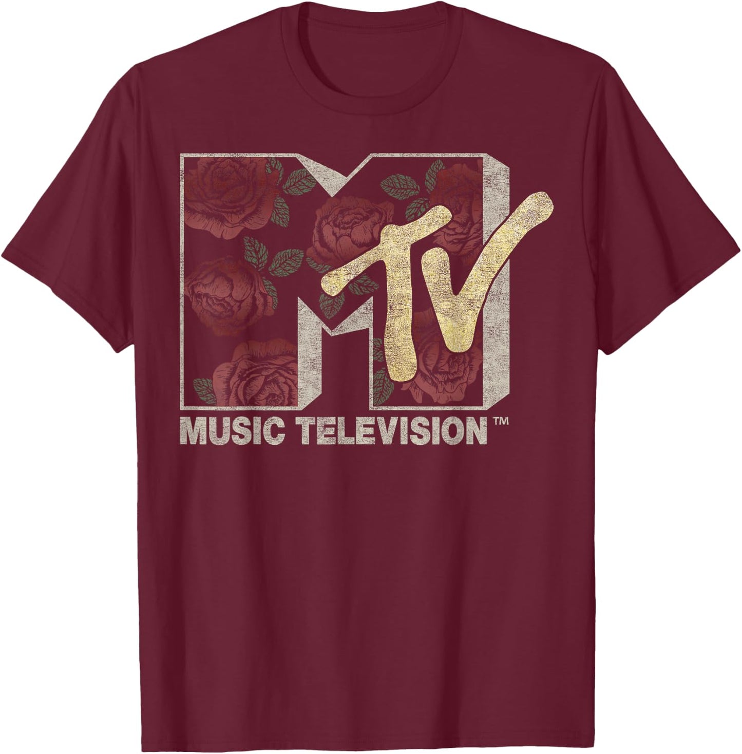 MTV Rose Floral Music Television Logo T-Shirt - T-Shirt | Maroon