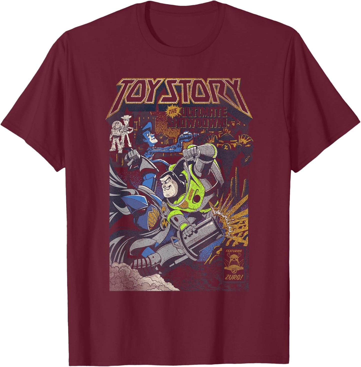 Disney Pixar Toy Story Woody And Buzz Zurg Ultimate Showdown T-Shirt - T-Shirt | Maroon