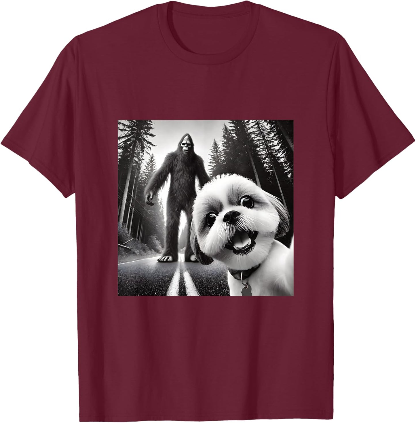 Shih tzu and Bigfoot Adventure in Forest T-Shirt - T-Shirt | Maroon