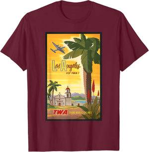 Los Angeles Fly TWA Retro Vintage Poster Design T-Shirt - T-Shirt | Maroon