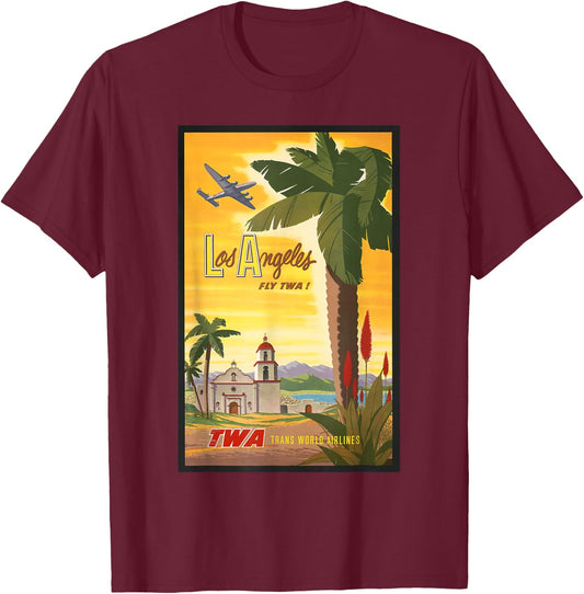 Los Angeles Fly TWA Retro Vintage Poster Design T-Shirt - T-Shirt | Maroon