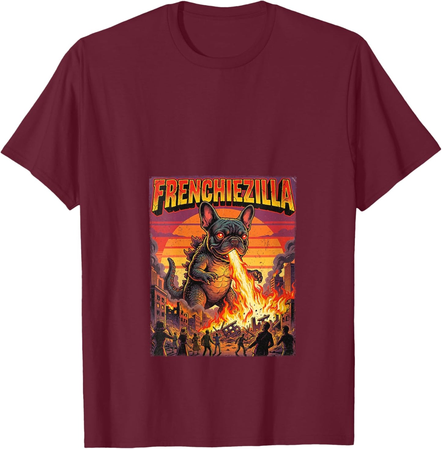 Women's Frenchiezilla Giant French Bulldog Dog Monster Frenchie V-Neck T-Shirt - T-Shirt | Maroon