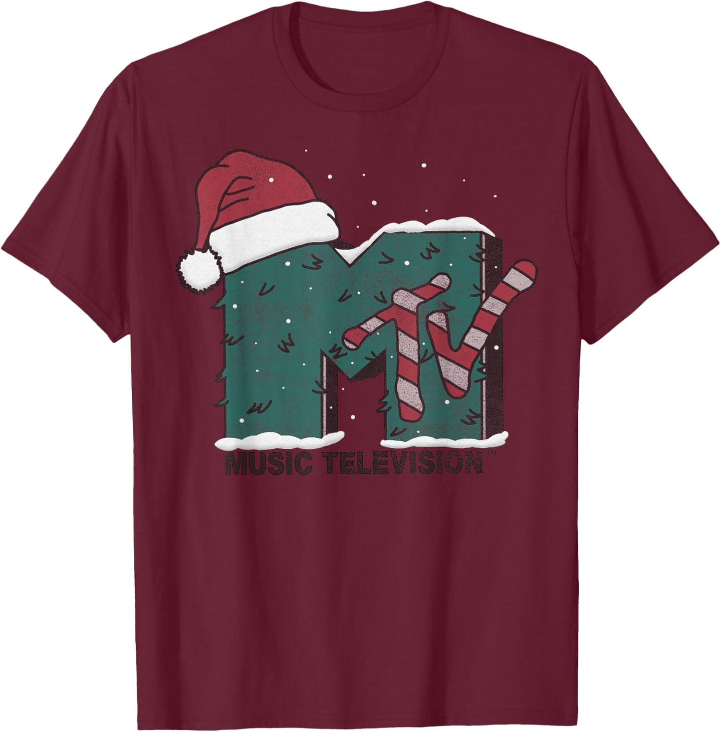 MTV Music Television Candy Cane Christmas T-Shirt - T-Shirt | Maroon