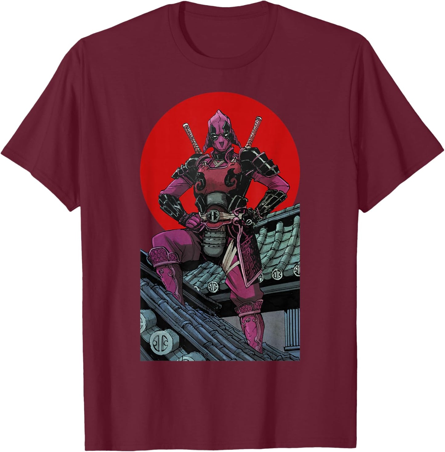 Marvel Deadpool Samurai Warrior Pose Red Sun Graphic T-Shirt - T-Shirt | Maroon