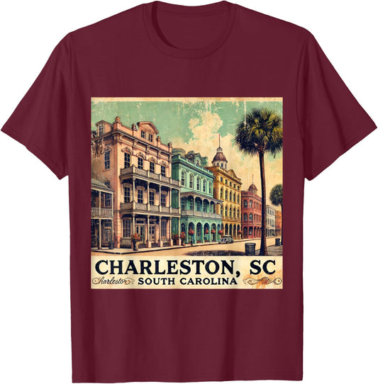 Charleston SC Vintage Postcard Rainbow Row T-Shirt - T-Shirt | Maroon