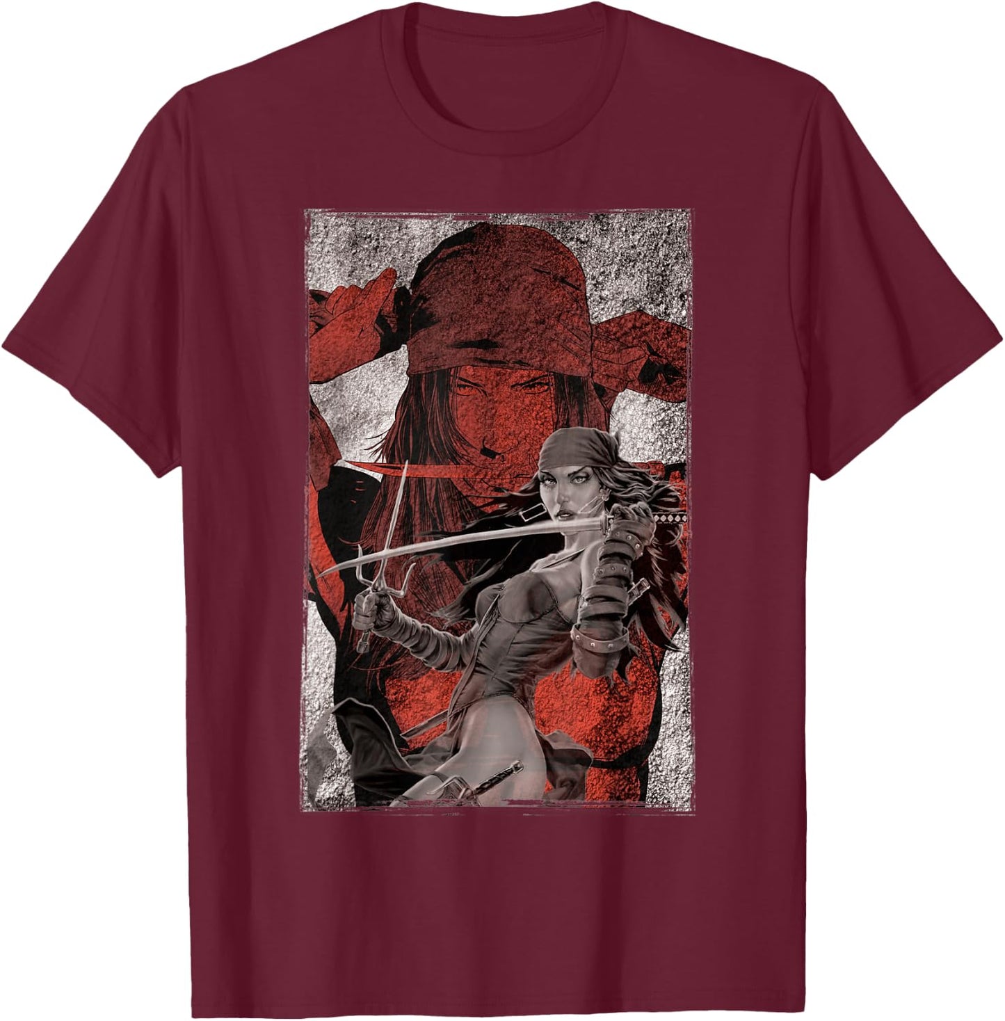 Marvel Elektra Double-Exposed Redness Grungy T-Shirt - T-Shirt | Maroon