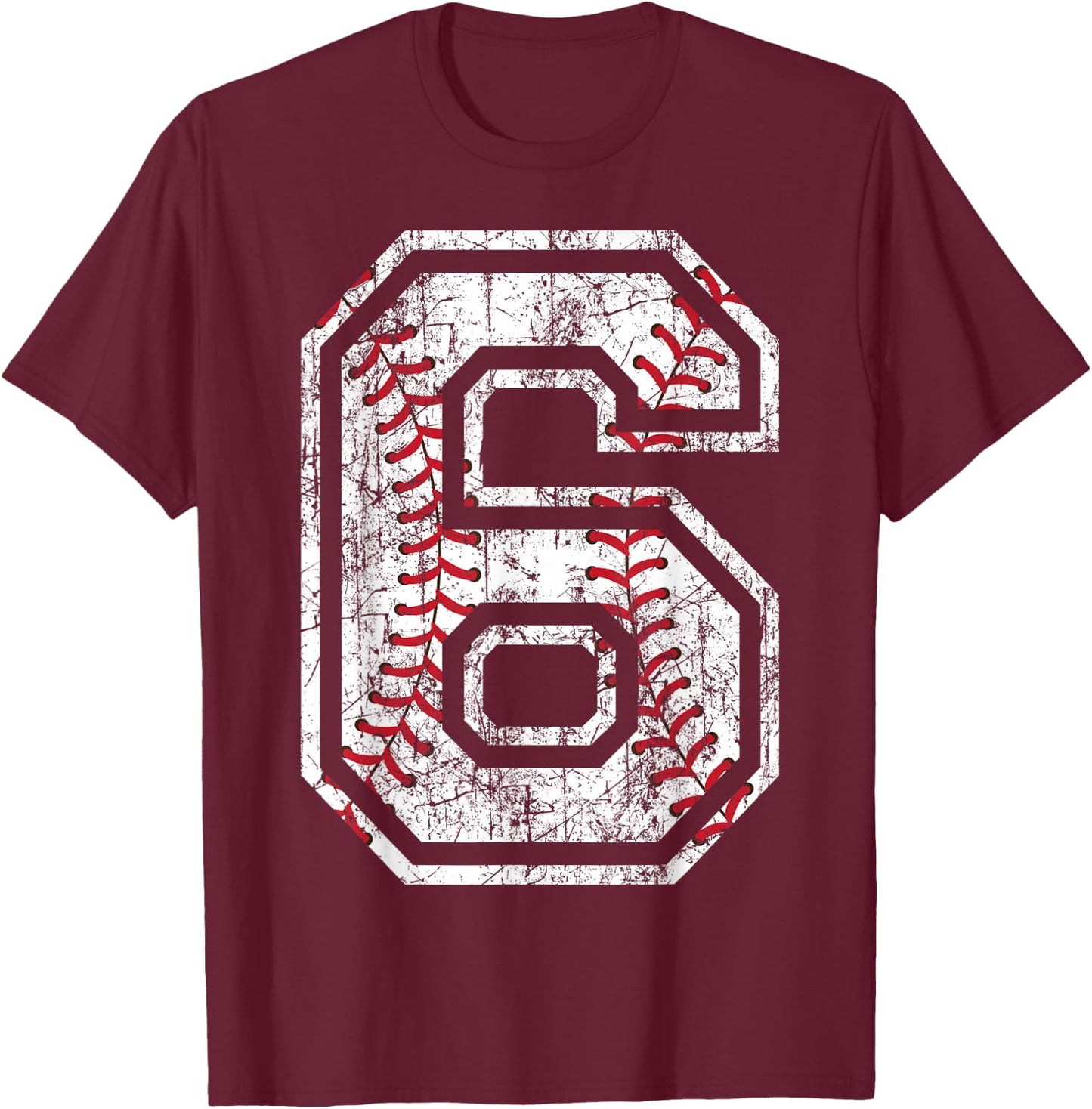Baseball Jersey Number 6 Vintage Distressed 6th Birthday T-Shirt - T-Shirt | Maroon