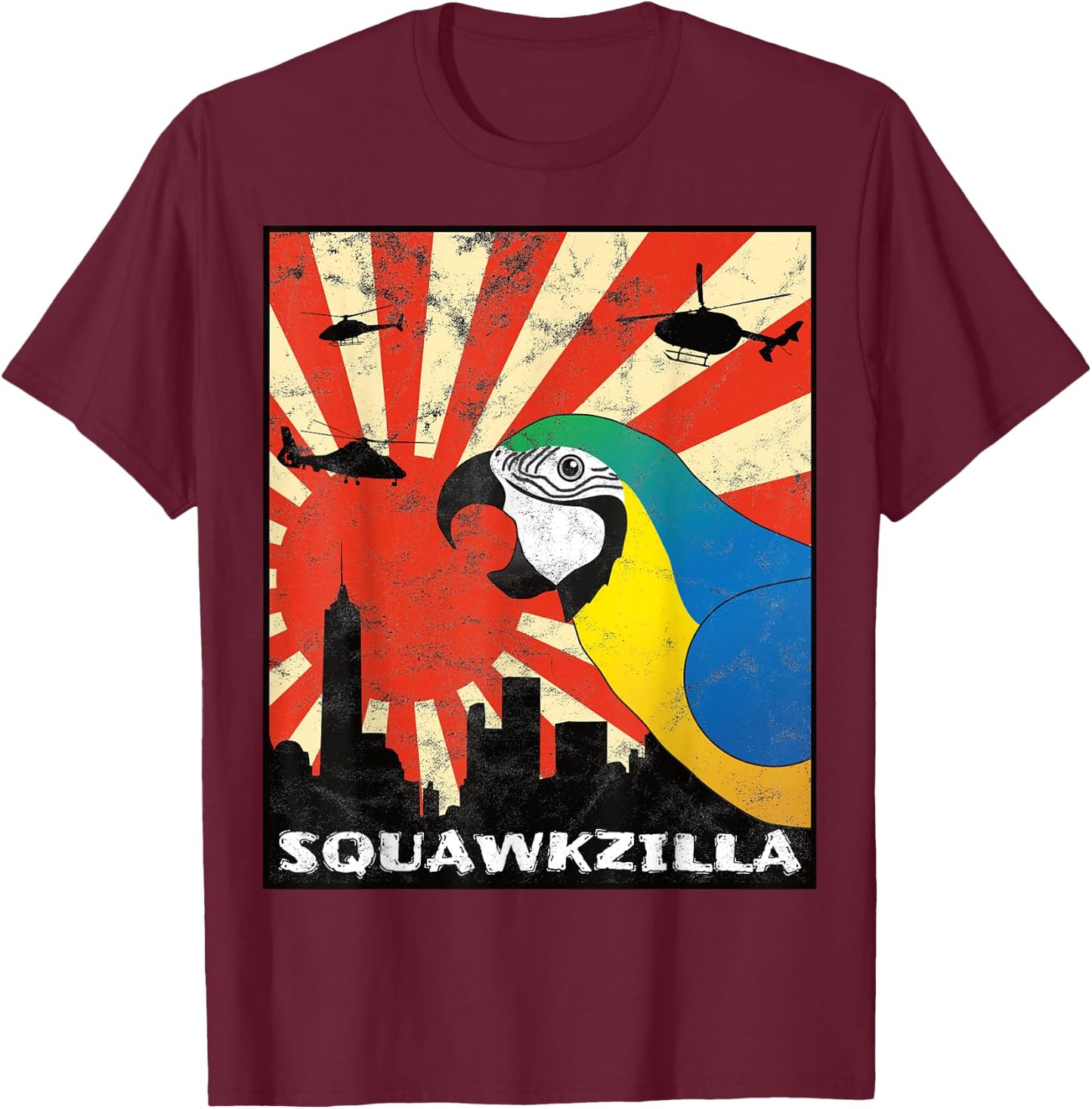 Squawk Zilla Blue and Gold Macaw Parrot Squawking Kawaii T-Shirt - T-Shirt | Maroon