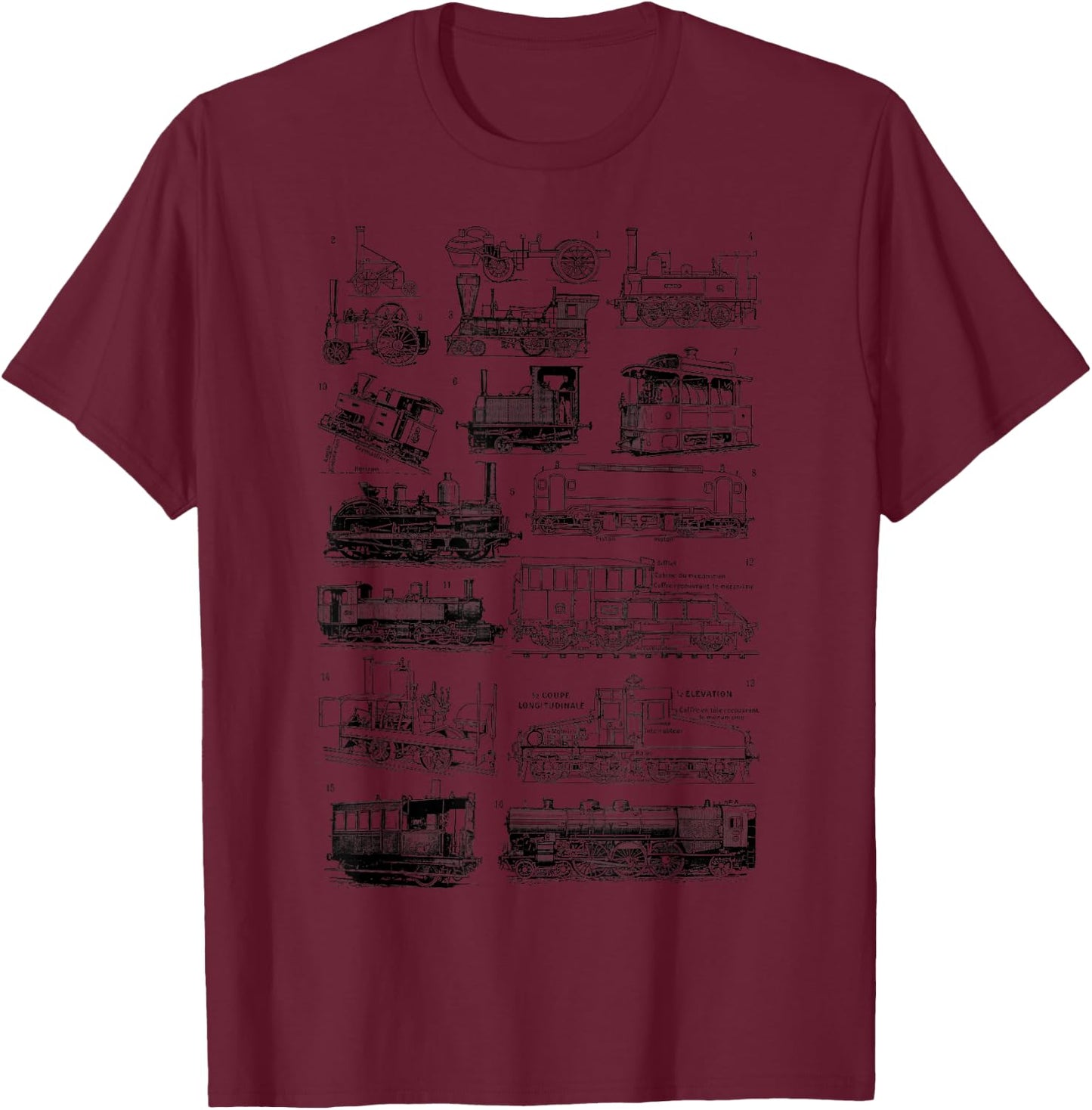Steam Engine Train Steam Train Locomotive vintage chart T-Shirt - T-Shirt | Maroon