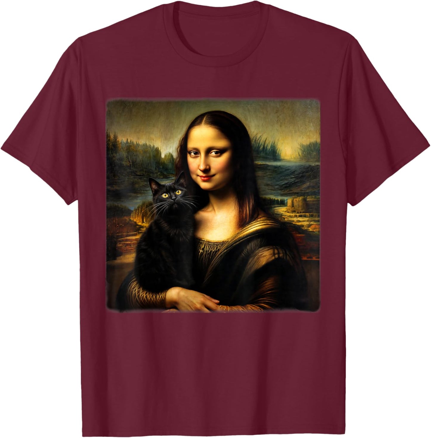 Mona Lisa Holding Black cat Black cat Mom Black cat Dad Cute T-Shirt - T-Shirt | Maroon